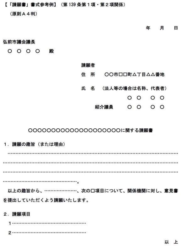 請願書書式参考例画像