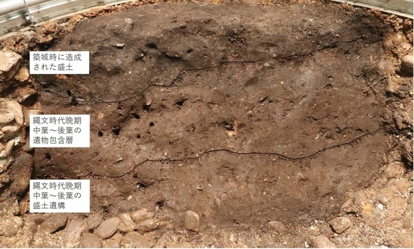 縄文時代晩期の盛土遺構から築城時造成土の堆積状況