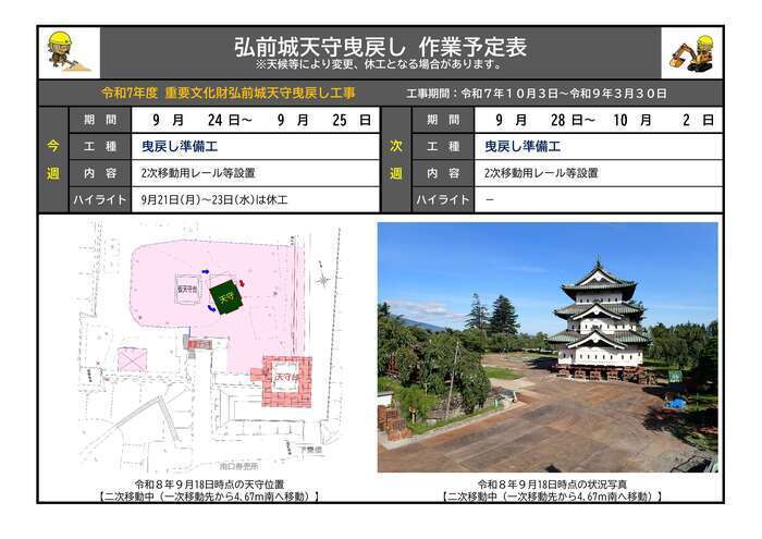 9月24日から10月2日までの作業予定表の画像